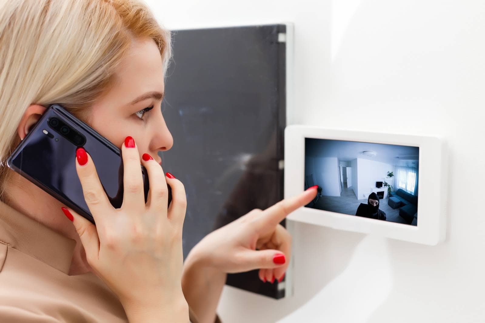 woman dialing intercom, smart house